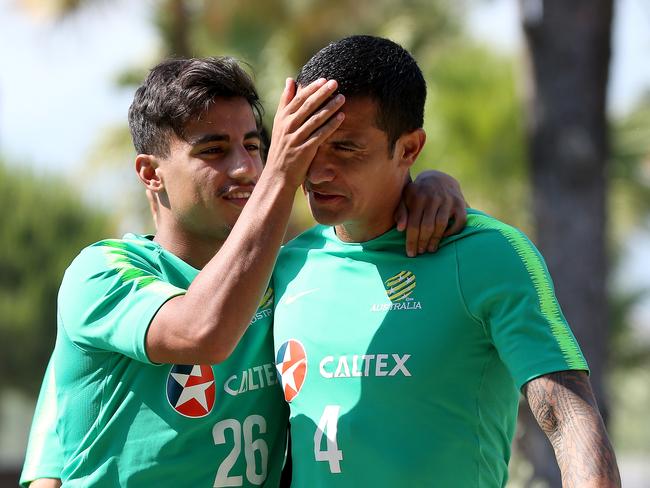 Daniel Arzani with Socceroos legend Tim Cahill. Picture: Toby Zerna