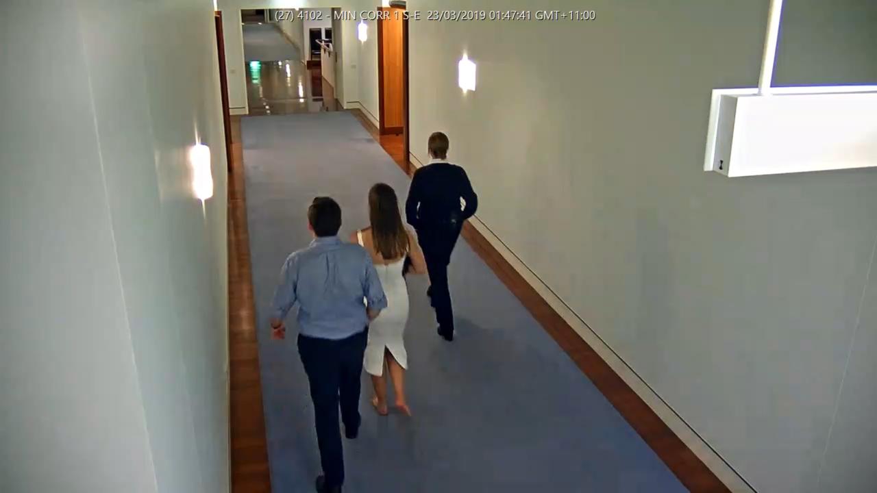 CCTV of Brittany Higgins and Mr Lehrmann entering senator Linda Reynolds’ office. Picture: Supplied.