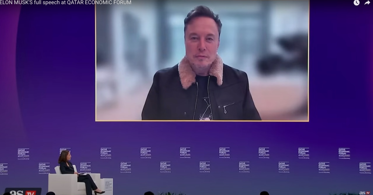 Elon Musk speaks remotely at the Qatar Economic Forum, defending Tesla's sales performance and reaffirming his role as CEO despite growing backlash. Picture: YouTube