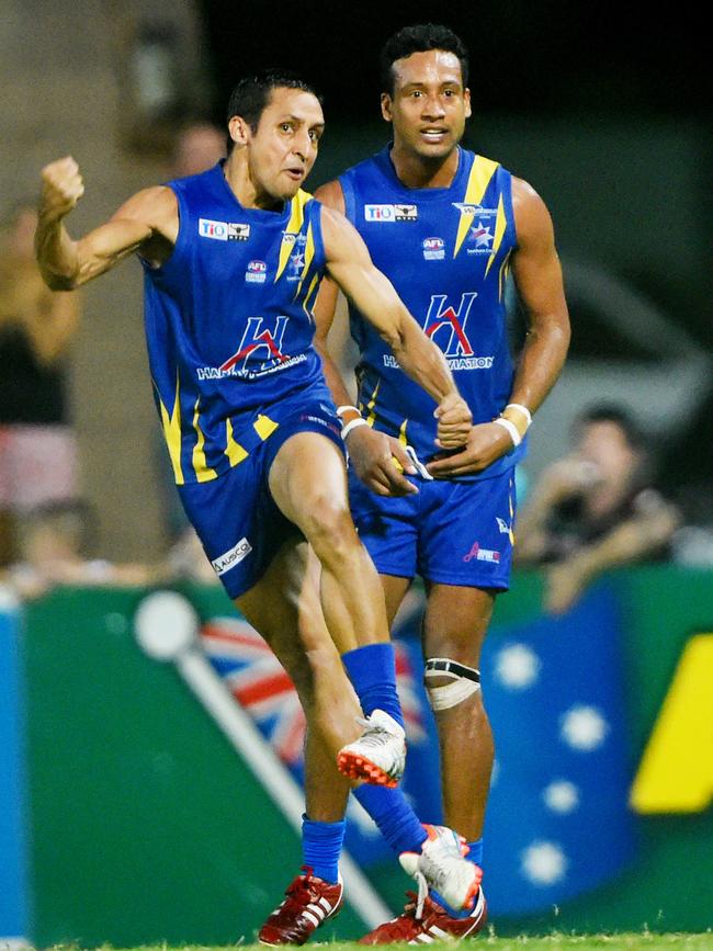 Aaron Motlop celebrates a goal during the 2015-16 NTFL Premier League Grand Final between his Wanderers outfit and St Mary’s at TIO Stadium. Picture: Elise Derwin