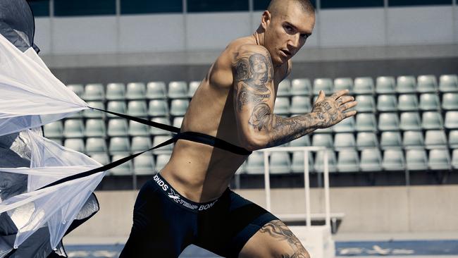 AFL champion Dustin Martin as he appears in the new May 2020 Bonds ‘X-Temp, X-Factor’ campaign. Picture: Bonds