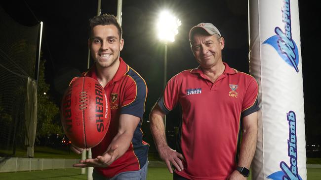 Old Ignatians coach Damian Boots – with son Sam Boots – was pleased with his side’s win over SPOC. Picture: Matt Loxton