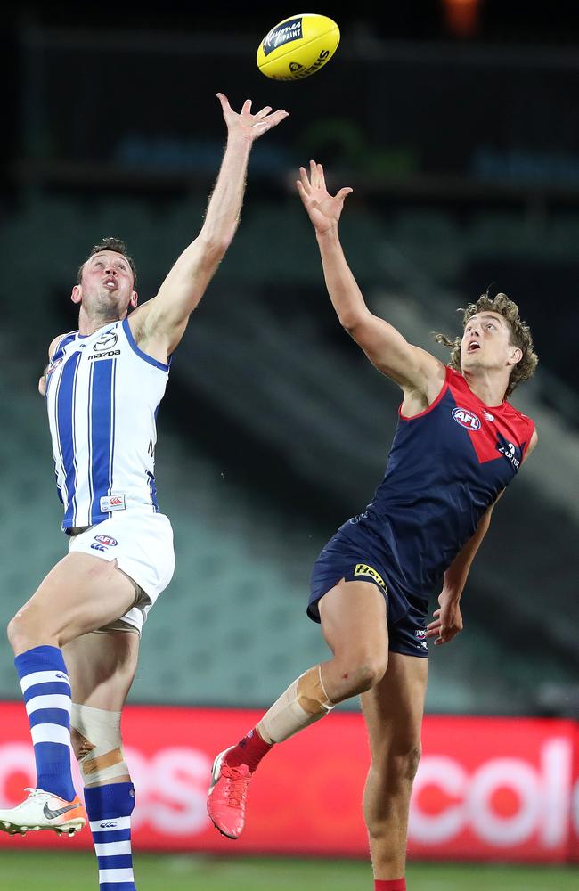 Todd Goldstein and Luke Jackson contesting the ruck on Sunday night. Picture: Sarah Reed