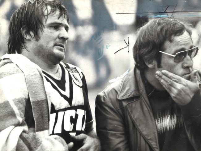 Tommy Raudonikis and coach Roy Masters during a Wests match at Lidcombe in May, 1980. Picture: News Corp