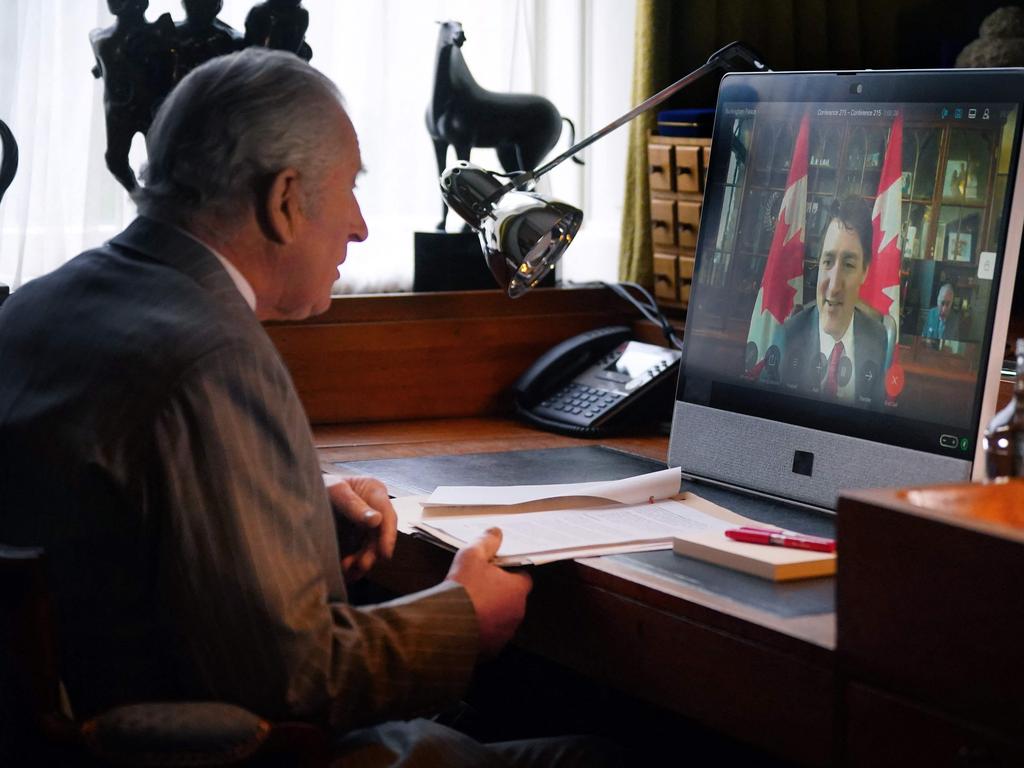 King Charles held a video call with Canada's Prime Minister Justin Trudeau at Buckingham Palace. Picture: AFP