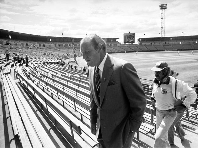 Kerry Packer at VFL Park for Australia v West Indies World Series Cricket in 1977.