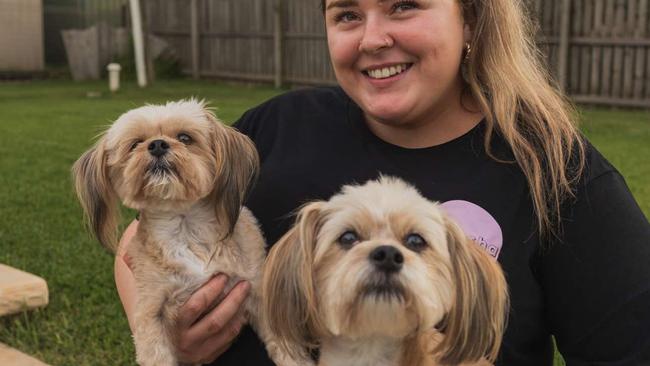 Twenty five-year-old Kelsey Archer with her beloved dogs Moose and Mocha.