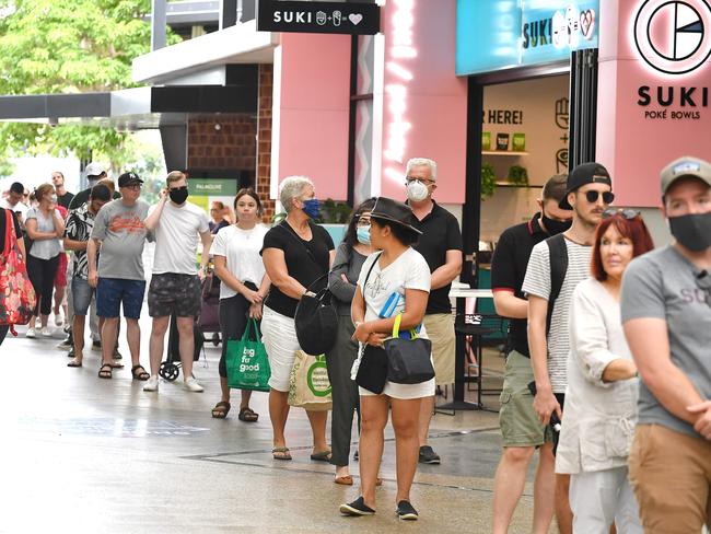 The queue to get into Woolworths in Newstead. Picture: John Gass