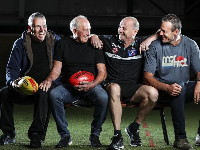 AFL - Port Adelaide Training at Alberton Oval. Current and Former PAFC coaches - Mark Williams, John Cahill, Current senior coach Ken Hinkley and Matthew Primus. Picture SARAH REED