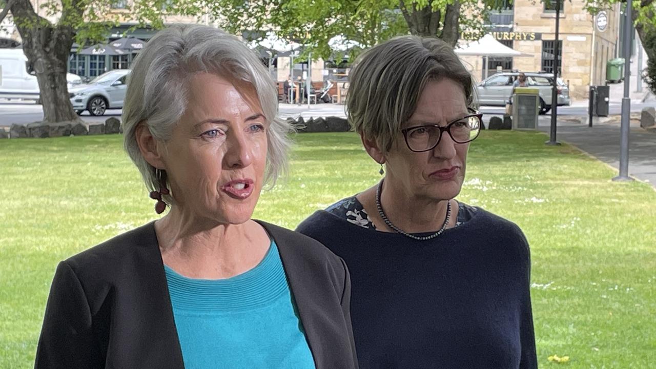 Greens leader Rosalie Woodruff and Legislative Council member Cassy O'Connor discuss the state's pokies issues on parliament lawns. Picture: Duncan Abey