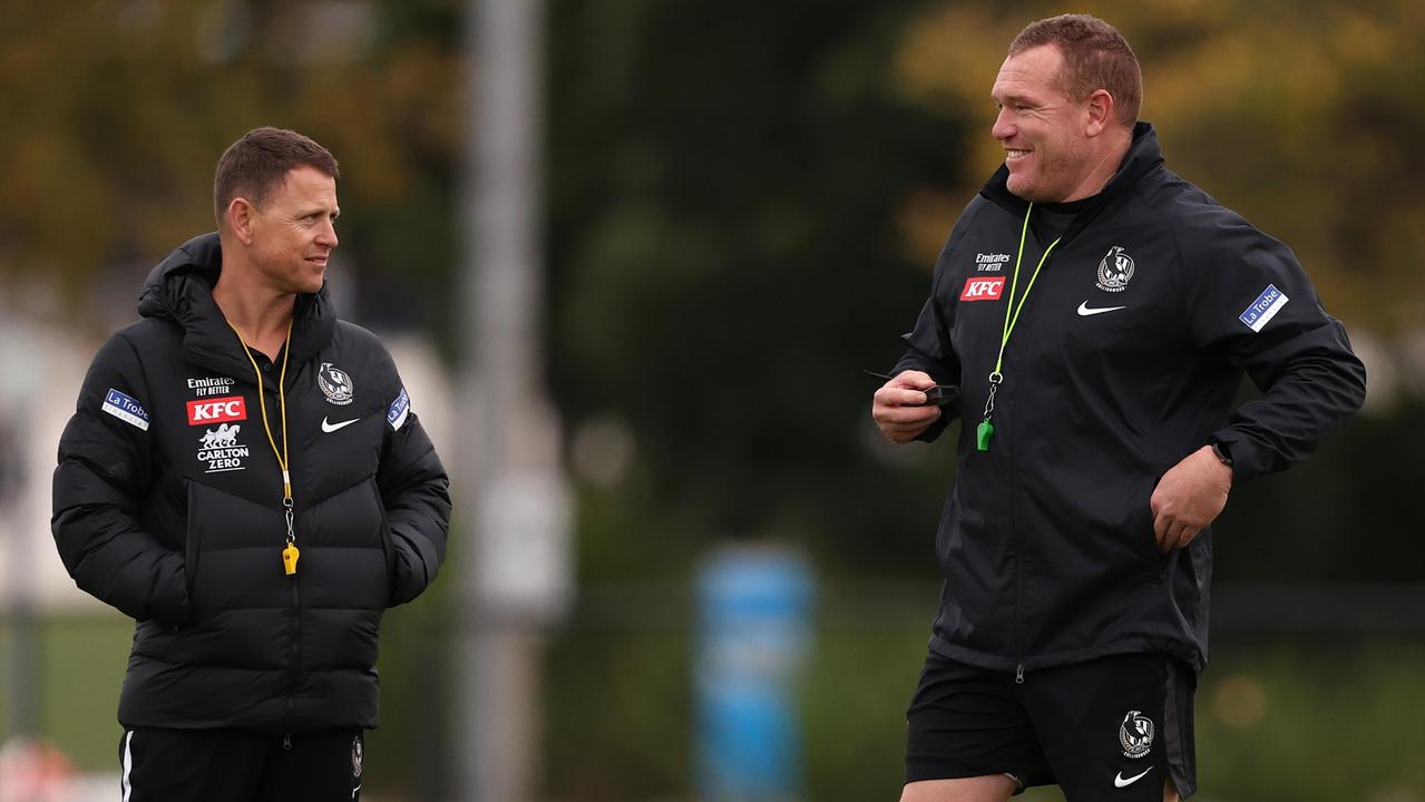 Collingwood assistant coaches, Brendon Bolton and Justin Leppitsch look on at training. Picture: Robert Cianflone