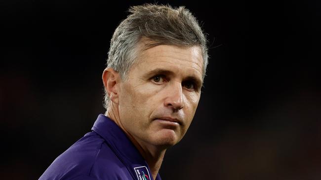 MELBOURNE, AUSTRALIA - MAY 02: Justin Longmuir, Senior Coach of the Dockers looks on during the 2025 AFL Round 08 match between the St Kilda Saints and the Fremantle Dockers at Marvel Stadium on May 2, 2025 in Melbourne, Australia. (Photo by Michael Willson/AFL Photos via Getty Images)