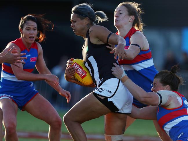 Moana Hope tries to break a tackle at Whitten Oval. Picture: Michael Klein