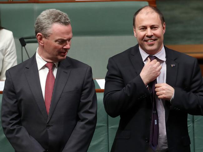 Christopher Pyne with Treasurer Josh Frydenberg during Question Time in the House of Representatives in Parliament House Canberra. Picture Gary Ramage