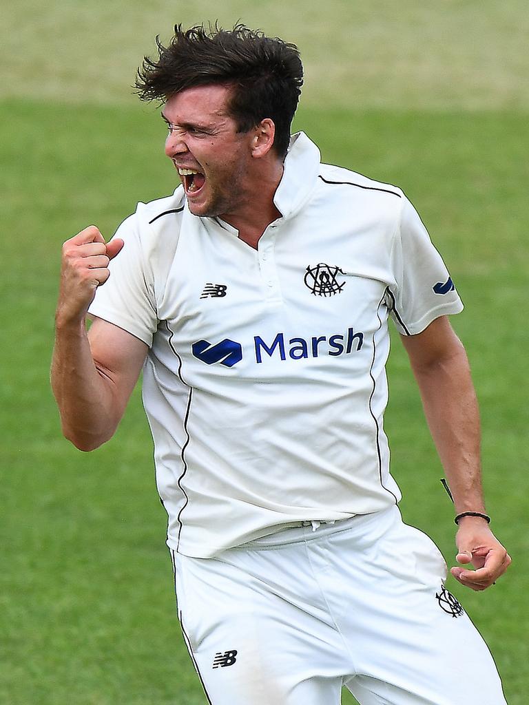 Jhye Richardson celebrates a wicket in the Shield clash with Queensland.