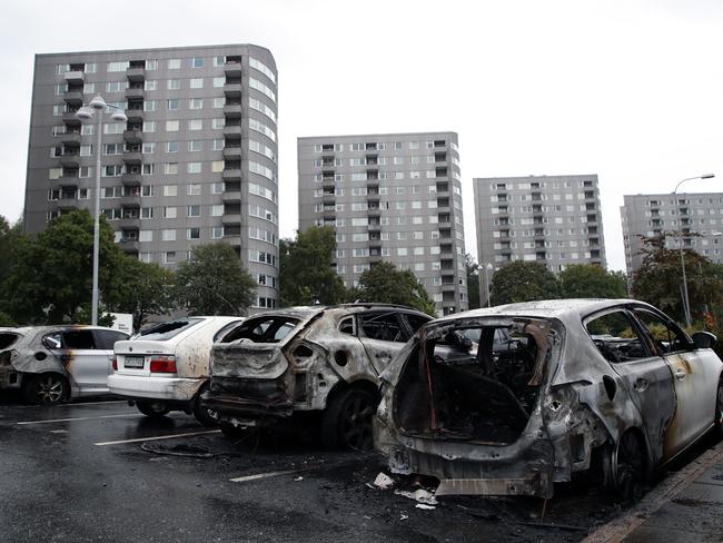 Burned cars parked in Gothenburg. Picture: Adam Ihse