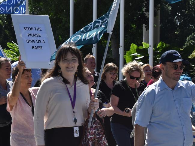 The crowd marched through the Nicholas St Mall in protest. Picture: Jessica Baker