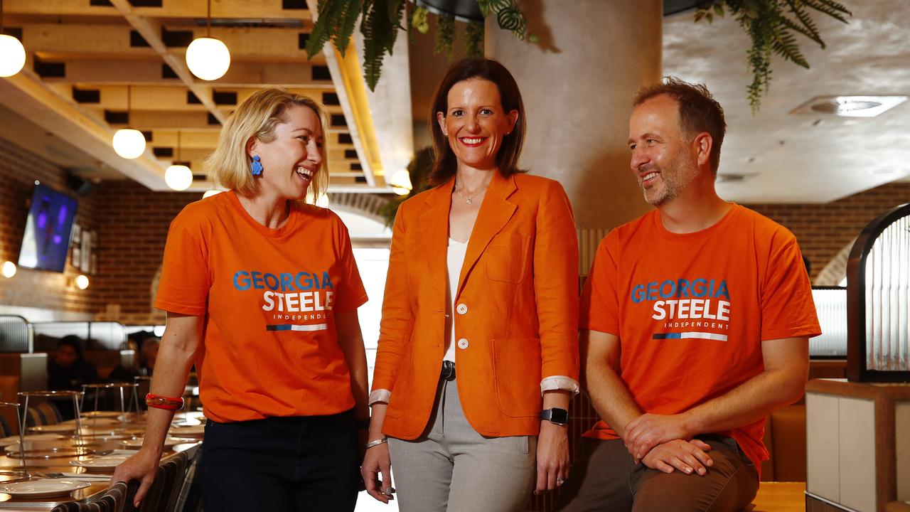 Georgia Steele who is running against Craig Kelly in the federal election. Georgia (middle) pictured at the Union Palace Hotel in Jannali with staff from her office Emma Morris and Jonathan Prendergast. Picture: Sam Ruttyn