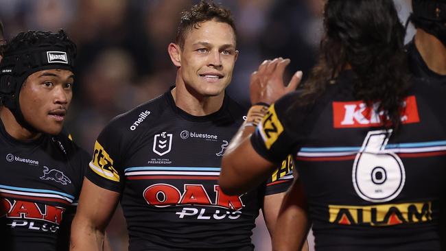 PENRITH, AUSTRALIA – MAY 12: Scott Sorensen of the Panthers celebrates with teammates after scoring a try during the round 11 NRL match between the Penrith Panthers and Sydney Roosters at BlueBet Stadium on May 12, 2023 in Penrith, Australia. (Photo by Mark Kolbe/Getty Images)