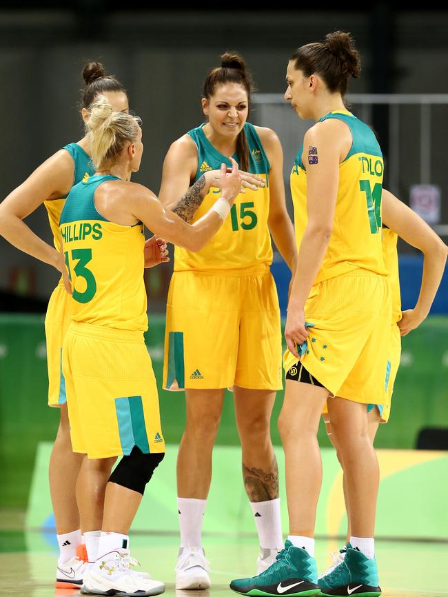 RIO DE JANEIRO, BRAZIL — AUGUST 07: Erin Phillips #13, Marianna Tolo #14, and Cayla George #15 of Australia huddle against Turkey during a Women's Basketball Preliminary Round game on August 7, 2016 in Rio de Janeiro, Brazil. Sean M. Haffey/Getty Images/AFP == FOR NEWSPAPERS, INTERNET, TELCOS &amp; TELEVISION USE ONLY ==