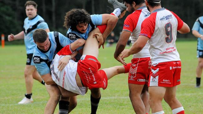 Keaton Stutt slammed in a heavy tackle. Picture: Leigh Jensen