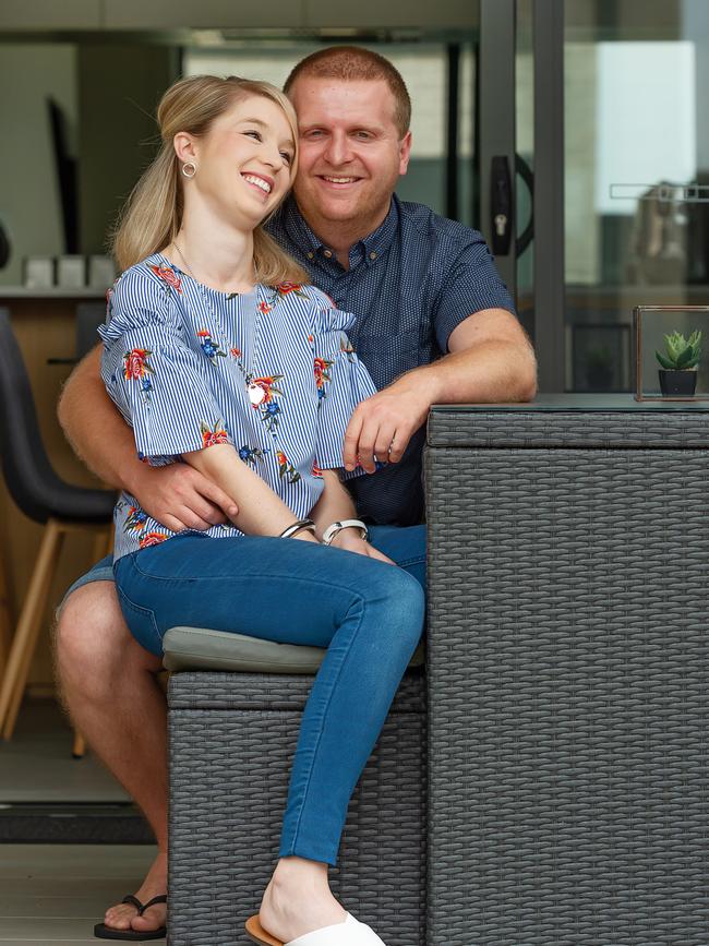 Reinald Struwig and Natalie Byrne have just bought their first home in Parkway Drive, Marsden Park, after saving for three years. Picture: Monique Harmer.