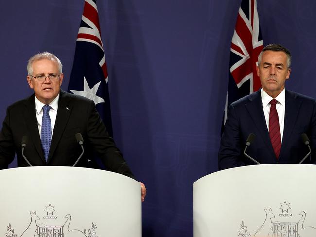 Scott Morrison and Veterans’ Affairs Minister Darren Chester announce the royal commission. Picture: NCA NewsWire / Dylan Coker