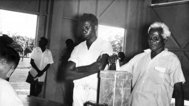 Indigenous men in Darwin voting for the first time in the Northern Territory election in December 1962. Picture: Supplied