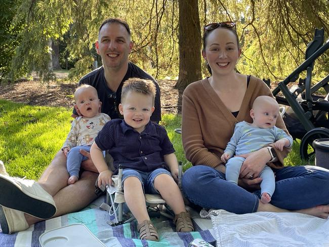 Corey and Dom Smith with Cooper, Lenny, and Luca at Lake Wendouree in Ballarat for the 2024 New Year's Eve fireworks. Picture: Timothy Cox