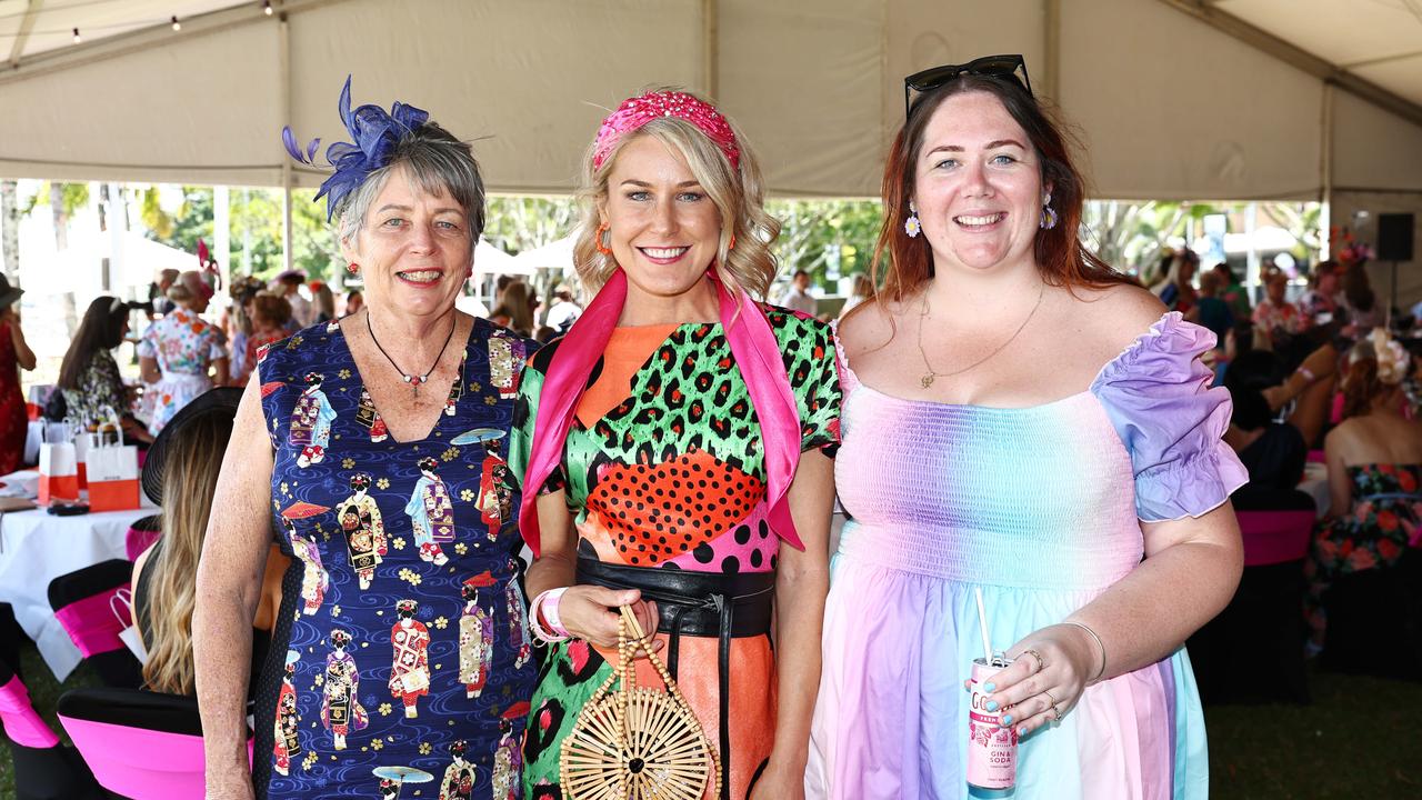 Trish Sexton, Sarah Sexton and Amy Moloney at the Cairns Amateurs High Tea, held under the waterfront marque on the Cairns Esplanade Eastern Events lawn. Picture: Brendan Radke