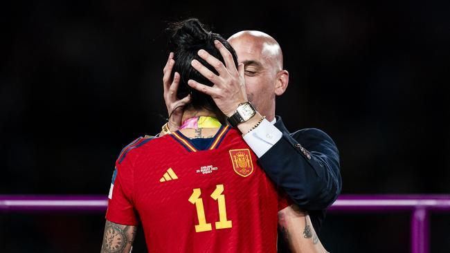 President of the Royal Spanish Football Federation Luis Rubiales kisses Jennifer Hermoso. Photo by Noemi Llamas/Eurasia Sport Images/Getty Images.