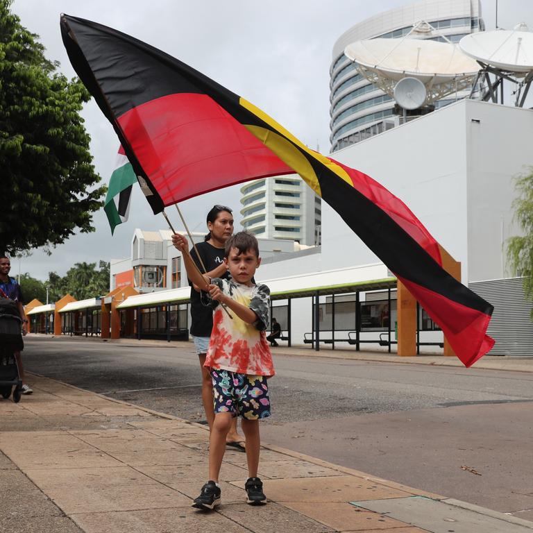 Hundreds of Territorians demonstrated on Invasion Day 2024 by marching from Civic Park through Darwin city on Friday, January 26. Picture: Zizi Averill