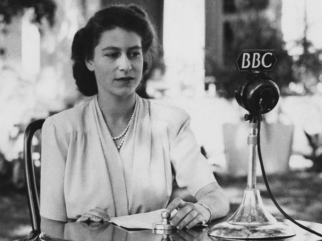 Princess Elizabeth makes a broadcast from the gardens of Government House in Cape Town, South Africa, on her 21st birthday. Picture: Getty Images