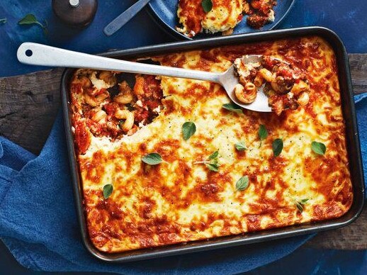 Cheesy moussaka pasta bake.