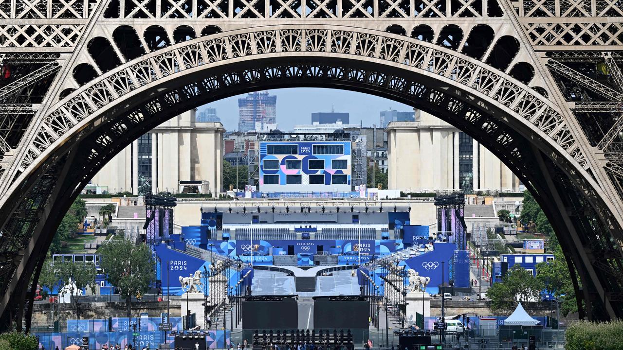 The Eiffel Tower stadium is seen at Trocadero. (Photo by MAURO PIMENTEL / AFP)