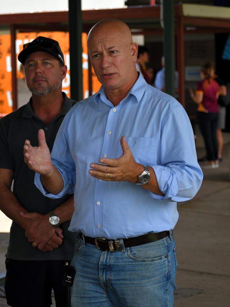 Queensland Minister for Small and Family Business Steve Minnikin speaking at disaster-impacted Ingham State High School on Wednesday. Picture: Cameron Bates