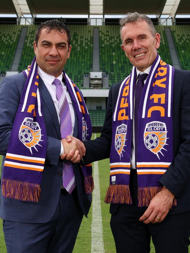 New Perth Glory Chairman Ross Pelligra poses with Perth Glory CEO Anthony Radich after in February. Picture: Will Russell/Getty Images