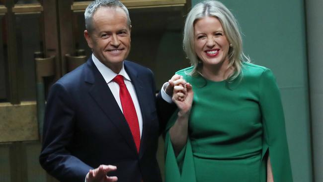 Opposition Leader Bill Shorten with wife Chloe Shorten after his Budget reply speech. Picture: Gary Ramage