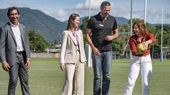 Retired NQ Cowboys champion Johnathon Thurston, Cairns Mayor Amy Eden, ALP Candidate for Leichhardt, Matt Smith and Federal Minster for Sport Anika Wells. Photo by Brian Cassey