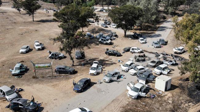 Abandoned and torched vehicles at the site of the October 7 attack. Picture: Jack Guez/AFP