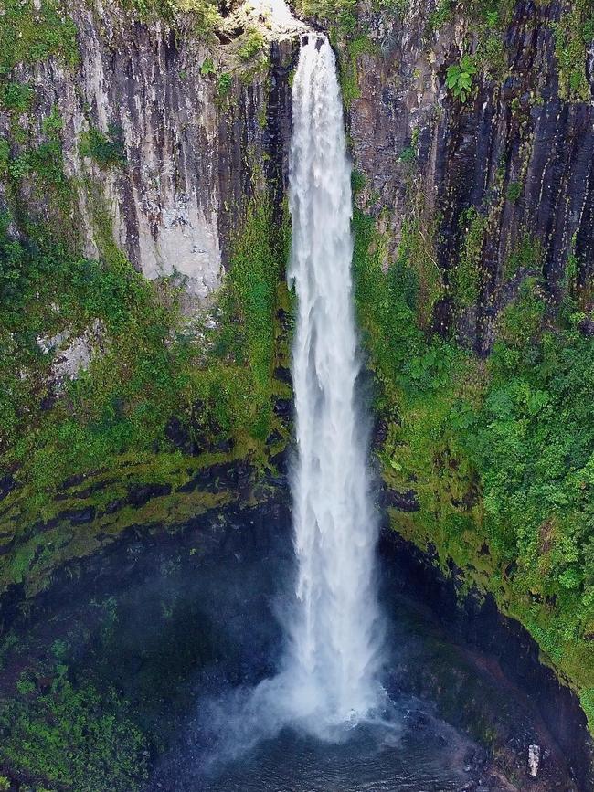 Drone shot of Cannabullen Falls in the Tully Falls National Park. A base jumper was killed at the falls in October last year. Picture: Rob Davidson