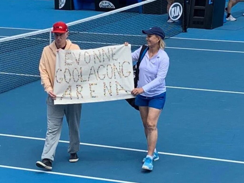 Martina Navratilova and John McEnroe protest for Margaret Court Arena to be renamed in honour of Evonne Goolagong. Source: Twitter