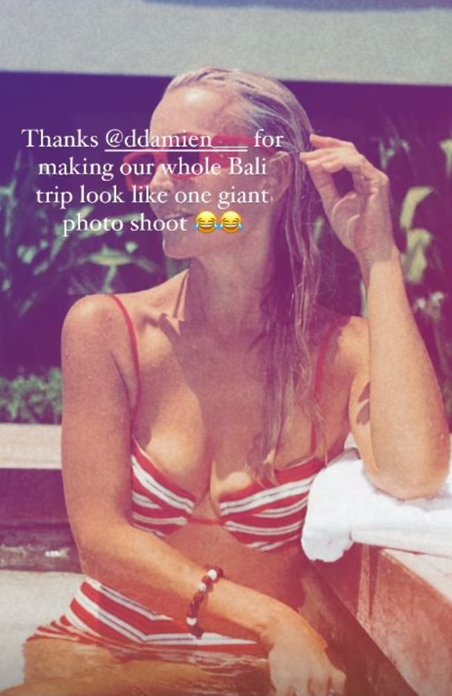 The radio host looked stunning in her red-and-white striped bikini as she chilled at her hotel. Picture: Instagram