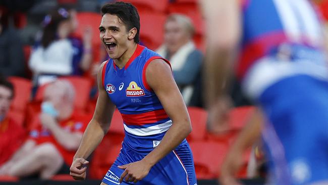 Jamarra Ugle-Hagan celebrated his first AFL goal against the Gold Coast Suns in Round 18. Picture: Michael Klein