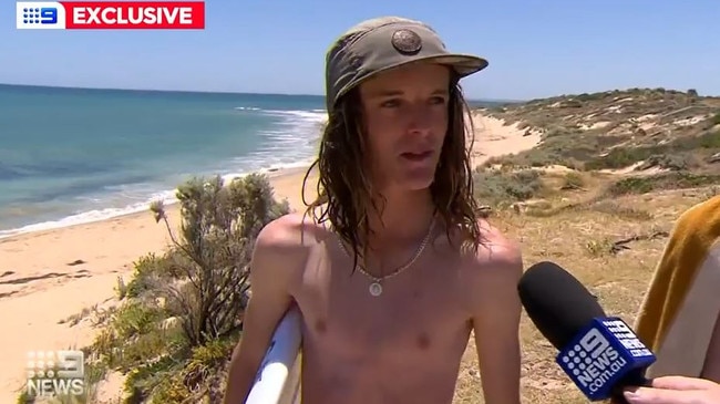 Bryce Hickman was nearly knocked off his board by a 2m shark in Perth’s south on Wednesday morning. Picture: Nine News