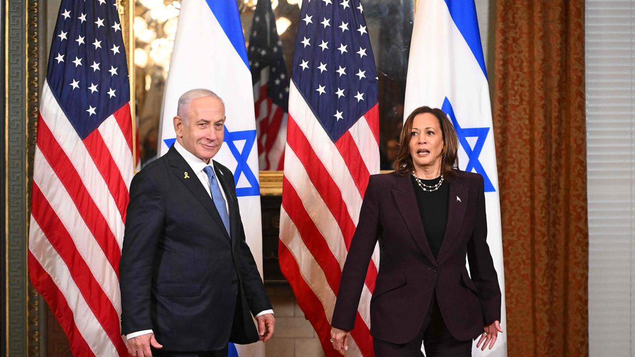 US Vice President Kamala Harris and Israeli Prime Minister Benjamin Netanyahu at a meeting in July. (Photo by ROBERTO SCHMIDT / AFP)