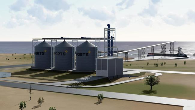 A concept image of T-Ports' proposed grain receival facility and port at Wallaroo.