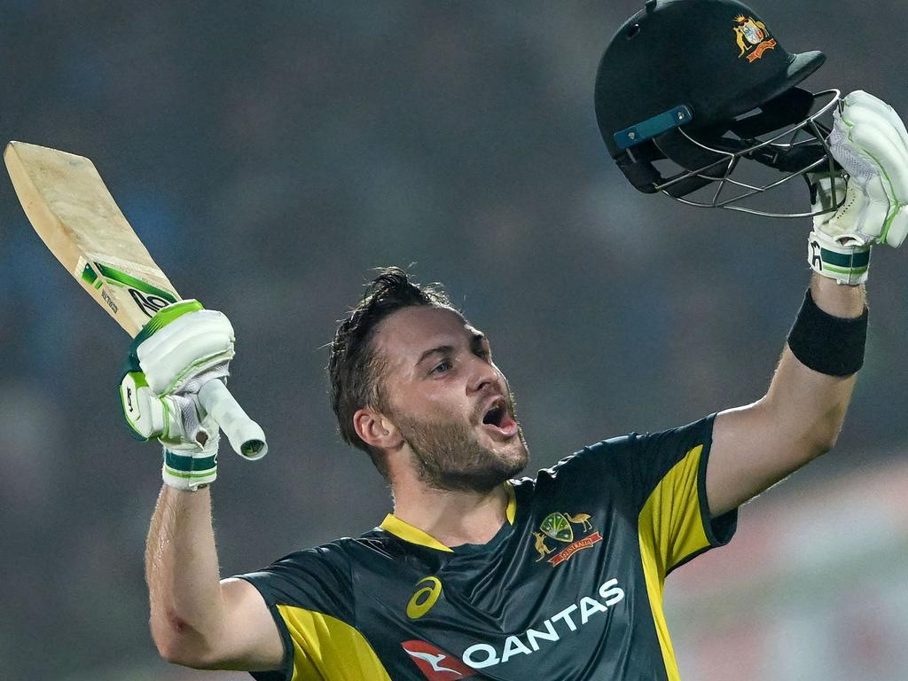 Josh Inglis celebrates his rapid century against India.