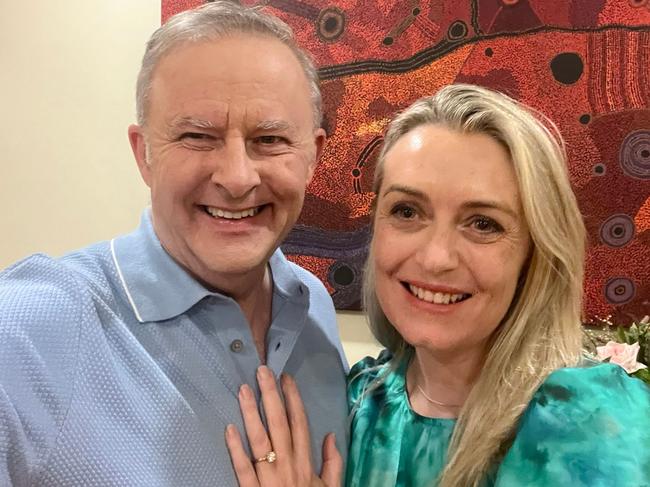 Anthony Albanese and Jodie Haydon celebrating their engagement. Picture: AFP