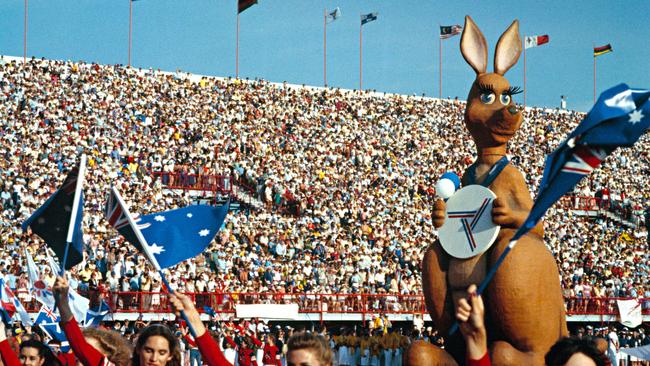 Commonwealth Games opening ceremony, Brisbane, 1982 with the games mascot 'Matilda'. Photo courtesy of National Archives of Australia NAA: